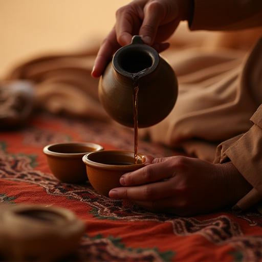 Mani che versano caffè tradizionale beduino in piccole tazze.