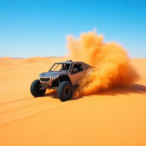 Un dune buggy ad alta velocità solleva la sabbia del deserto.